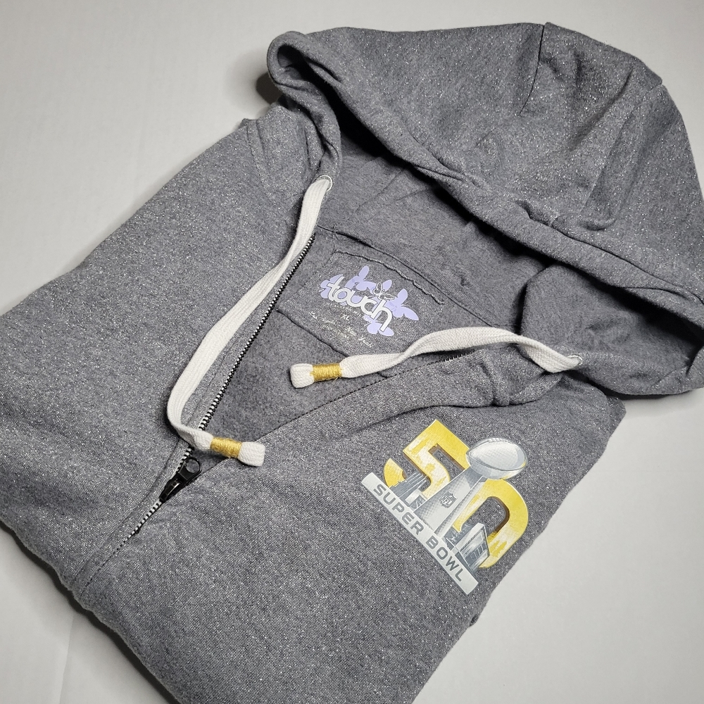 Womens Hooded zip up sweater Gray Superbowl NFL 50 football Size XL